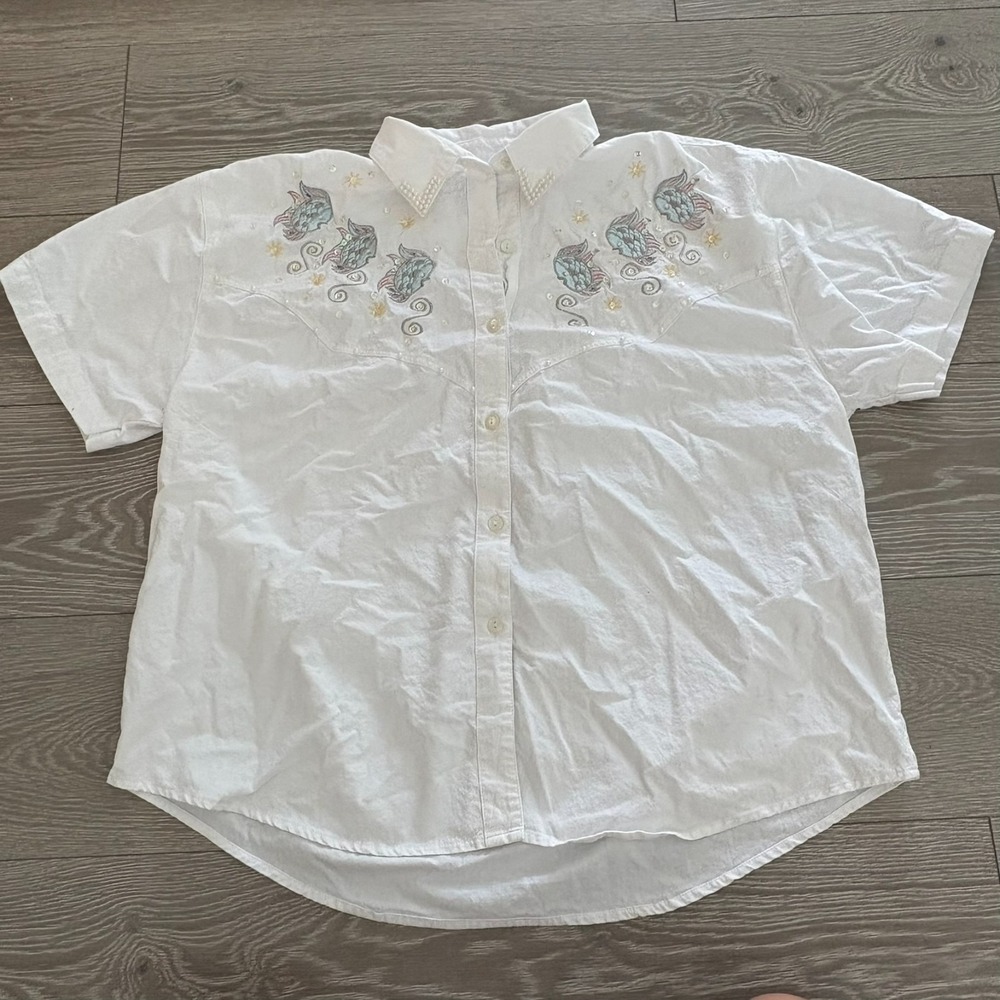 Vintage Allyson White More Womens White Embellished Embroidery‎ Shirt Size 2X